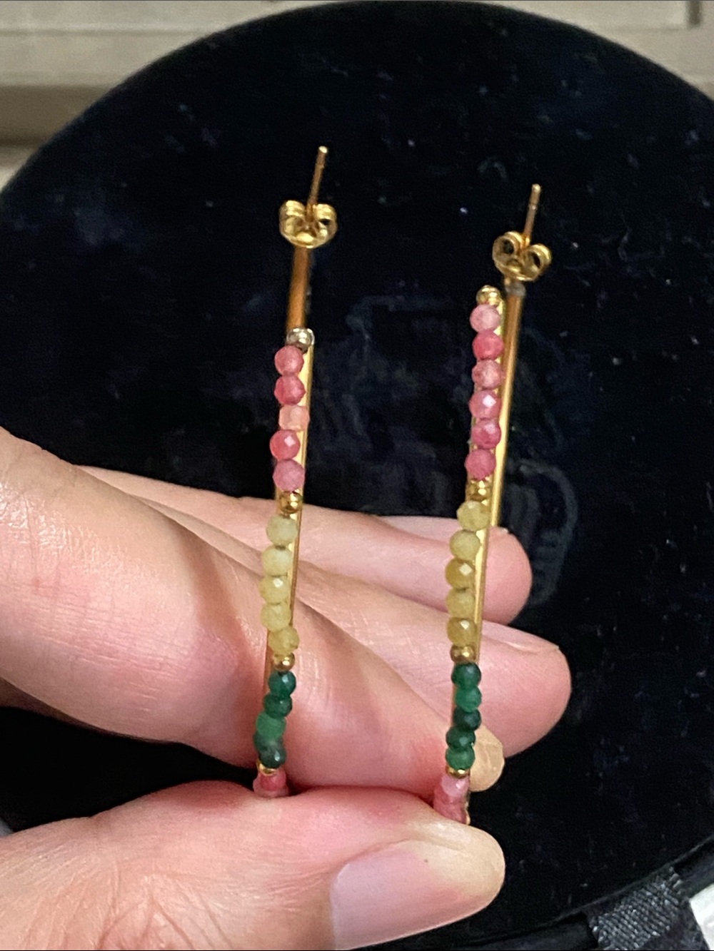 Gold Tone Bar Drop Earrings with Pink, Yellow and Green Beads
